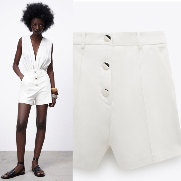 Zara High Waist Buttoned Front White Bermuda Shorts NWT X-Small - Picture 4 of 8